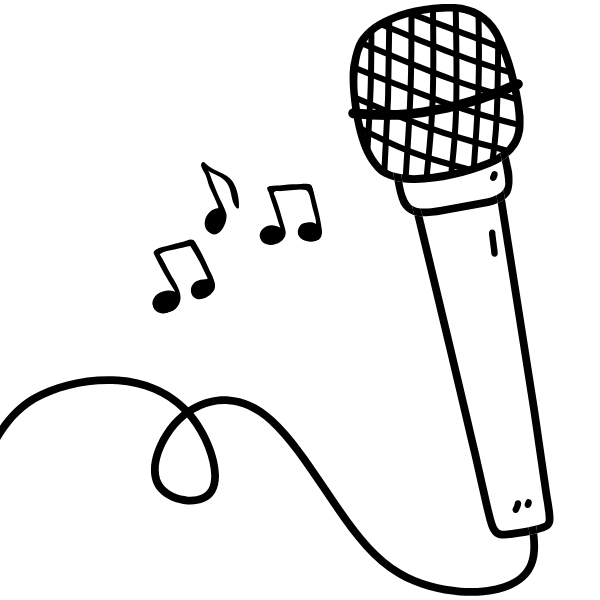 Repertoire - Lieder für Hochzeiten, Beerdigungen, Taufen und mehr - Sarah Singt. Auf dem Bild sieht man ein mit dickem Stift gezeichnetes Mikrofon am Kabel und drei Musiknoten daneben.
