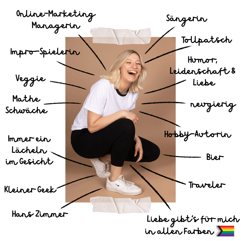 Sarah Kaiser - Sarah Singt - Über mich. Auf diesem Bild sieht man die blonde Sarah Kaiser wie sie lacht. Rings um sie herum führen Striche weg, die jeweils auf eine Info über Sarah Kaiser zeigen, die dort in schwarzem Schriftzug steht. Über Sarah stehen dort folgende Punkte: "Online-Marketing Managerin", "Impro-Spielerin", "Veggie", "Mathe Schwäche", "Immer ein Lächeln im Gesicht", "Kleiner Geek", "Hans Zimmer", "Sängerin", "Tollpatsch", "Humor, Leidenschaft & Liebe", "neugierig", "Hobby-Autorin", "Bier", "Traveler" und "Liebe gibt's für mich in allen Farben". Dann folgt eine kleine LGBTQIA+ Flagge direkt daneben.
